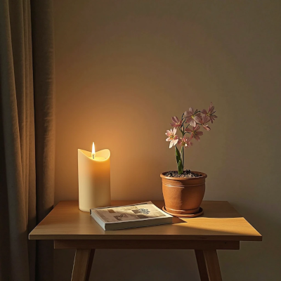 Mesa de madeira clara com uma vela acesa, um vaso pequeno com flores delicadas e um livro fechado. A luz da vela projeta um brilho suave na parede, criando um clima de calma e contemplação no ambiente.

