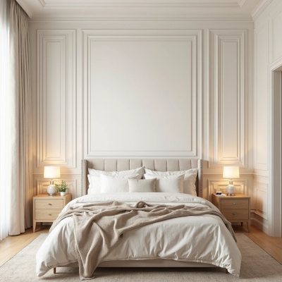 Quarto elegante com boiserie branca emoldurando a parede atrás da cama, criando simetria e sofisticação. A cama é baixa, com cabeceira estofada em tom neutro, roupa de cama clara e manta bege. Mesas de cabeceira de madeira clara com luminárias de luz quente completam a atmosfera acolhedora.