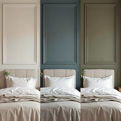 Montagem comparativa mostrando a mesma parede com boiserie atrás da cama em três paletas diferentes: bege claro, azul petróleo e verde oliva suave. A cabeceira estofada bege e a roupa de cama clara permanecem iguais, destacando o efeito emocional das cores sobre o ambiente.