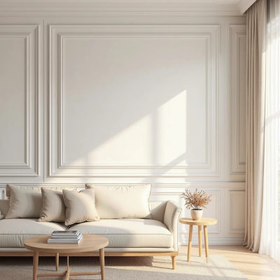 Sala de estar minimalista com boiserie branca nas paredes, sofá bege claro e mesas laterais de madeira, destacada pela iluminação natural que entra pela janela.