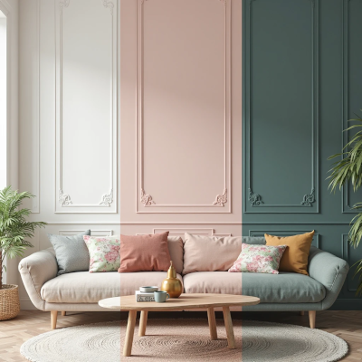 Sala aconchegante com parede de boiserie colorida em três tons — branco, rosa suave e azul petróleo — acompanhada de sofá moderno com almofadas coloridas e detalhes florais.