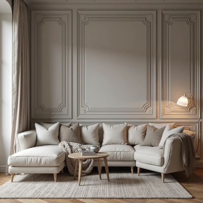 Sala elegante com boiserie cinza nas paredes, sofá em L bege claro com almofadas neutras e manta de tricô, criando atmosfera sofisticada e acolhedora.