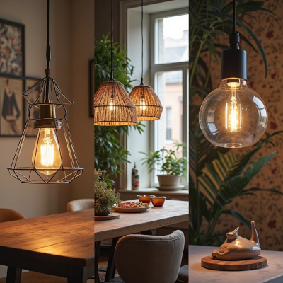 Composição com três pendentes diferentes: à esquerda, pendente metálico e geométrico sobre mesa de jantar em estilo industrial; ao centro, pendentes de fibra natural em ambiente com plantas e mesa rústica, transmitindo aconchego; à direita, pendente de vidro soprado com iluminação suave e toque sofisticado sobre um aparador decorado.

