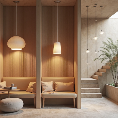 Ambiente contemporâneo com três nichos verticais, cada um com um pendente de forma distinta: arredondado, cilíndrico e em cascata. O espaço é neutro, com revestimentos naturais e mobiliário leve, ilustrando como a forma dos pendentes influencia a atmosfera — do acolhimento à fluidez.

