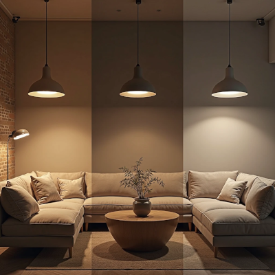 Sala de estar dividida em três partes, com o mesmo mobiliário, mas iluminação pendente variando entre luz quente, neutra e fria. A luz quente cria clima aconchegante, a neutra favorece clareza e interação, e a fria transmite foco e leve distanciamento.