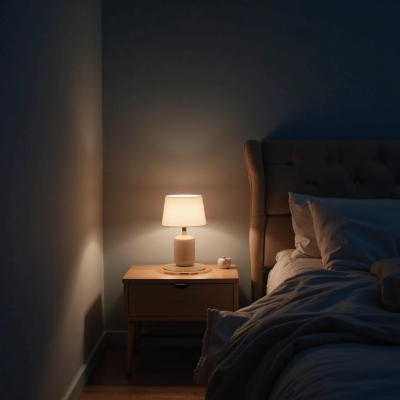 Quarto escuro iluminado apenas por um abajur de luz quente sobre um criado-mudo de madeira clara, ao lado de uma cama com cabeceira estofada bege e roupas de cama amassadas, criando clima intimista e acolhedor.