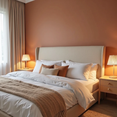 Quarto aconchegante com parede terracota, cama centralizada com cabeceira alta estofada bege, roupa de cama branca com manta e almofadas terrosas, dois criados-mudos de madeira clara e abajures de luz quente nas laterais.