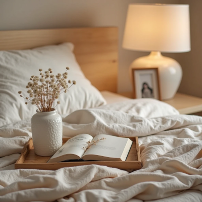 Detalhe de cama com roupa de cama clara e bandeja de madeira contendo vaso branco com flores secas e livro aberto, ao fundo um criado-mudo com abajur de luz quente e fotografia em moldura, transmitindo sensação de afeto e descanso.