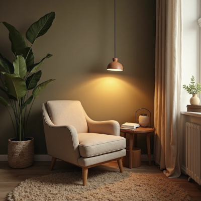 Canto de leitura com poltrona confortável, pendente lateral pendurado em altura baixa, emitindo luz quente sobre um livro. O ambiente tem texturas suaves e plantas próximas, criando uma sensação de refúgio e descanso.