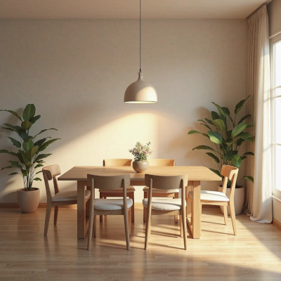 Sala de jantar com mesa de madeira clara centralizada sob um pendente de luz morna. A iluminação suave destaca o centro da mesa e cria uma atmosfera acolhedora, com cadeiras ao redor e arranjo simples no centro. A cena transmite intimidade e calor.