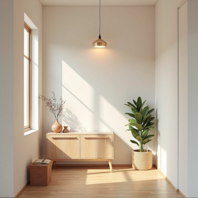 Hall de entrada com pendente delicado no teto, iluminando suavemente um aparador de madeira clara com poucos objetos afetivos. A luz quente cria sombras suaves e transmite boas-vindas com simplicidade e charme.