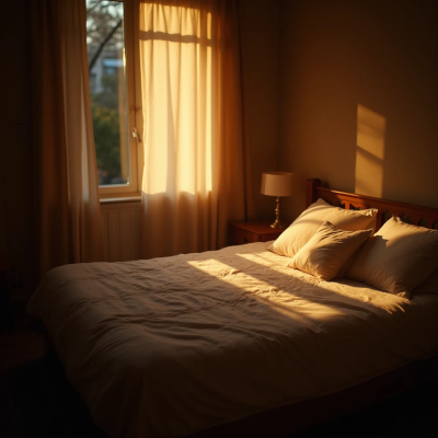 Imagem de um quarto aconchegante ao entardecer, iluminado por luz dourada natural entrando pela janela. A cama, com roupas claras em linho, está suavemente iluminada, criando sombras delicadas na parede. Há um abajur aceso ao lado, reforçando a atmosfera íntima. O ambiente transmite calma, acolhimento e intimidade sutil.