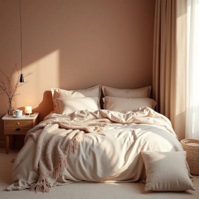 Quarto elegante em tons quentes e suaves (bege, rosé, terroso). A cama é o ponto central, vestida com lençóis de linho, manta de tricô macia e almofadas em diferentes texturas. Sobre o criado-mudo, uma vela acesa e uma xícara de chá reforçam o clima sensorial. A imagem transmite aconchego e prazer de estar em casa.