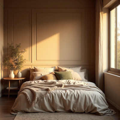 Quarto iluminado com luz suave, decorado com paleta quente e envolvente: bege, rosé, verde oliva. Uma planta em vaso de cerâmica está posicionada ao lado da cama, trazendo frescor. O ambiente tem cortinas leves, detalhes em madeira clara e uma composição harmônica de almofadas e mantas. A cena sugere pertencimento, calma e romance cotidiano.
