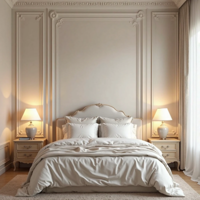 Quarto sofisticado com boiserie clássica em tom bege claro na parede da cabeceira, cama com roupa de cama branca volumosa e dois criados-mudos simétricos com abajures.