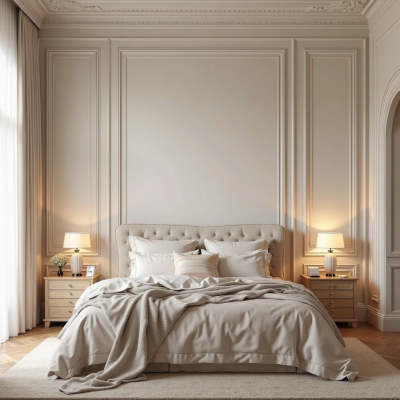 Decoração de quarto elegante com boiserie minimalista em off-white, cama estofada bege clara, roupa de cama neutra e iluminação aconchegante em abajures sobre criados-mudos de madeira.