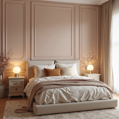 Quarto acolhedor com boiserie em tom rosé suave, cama baixa com roupa de cama neutra, manta bege e almofadas em tons terrosos, decorado com arranjos florais delicados e iluminação intimista.