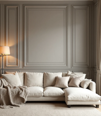 Sala elegante com sofá bege e manta de lã, parede com boiserie cinza sofisticada e iluminação aconchegante.