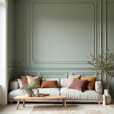 Sala moderna com sofá claro e almofadas em tons terrosos, parede verde com boiserie clássica que traz frescor e sofisticação.