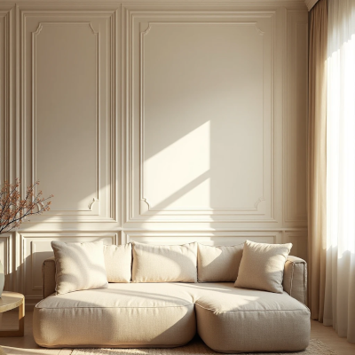 Sala iluminada pelo sol com sofá bege minimalista, parede bege com boiserie refinada e atmosfera acolhedora.