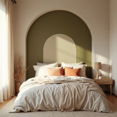 Quarto aconchegante com cabeceira criativa em pintura geométrica em formato de arco nas cores verde oliva e bege, cama com roupas de cama neutras e almofadas terrosas, transmitindo conforto e estilo natural.