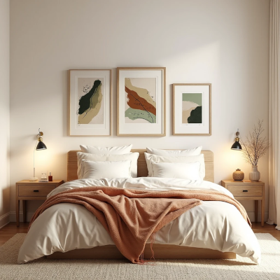 Quarto moderno com cabeceira substituída por três quadros decorativos abstratos em tons terrosos e verdes, cama com enxoval claro e manta em tom ferrugem, criando harmonia visual e sensação de acolhimento.