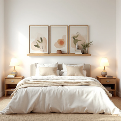 Quarto iluminado com cabeceira alternativa composta por prateleira de madeira com três quadros botânicos em tons suaves, cama em roupas de cama bege claras e luminárias de mesa aconchegantes, trazendo delicadeza e elegância natural.