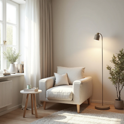 Canto de leitura com poltrona bege clara acompanhada de almofadas, luminária de pé em luz quente e mesinha redonda de madeira clara. Ao lado, vaso com planta verde e cortina de linho branco esvoaçante junto à janela.