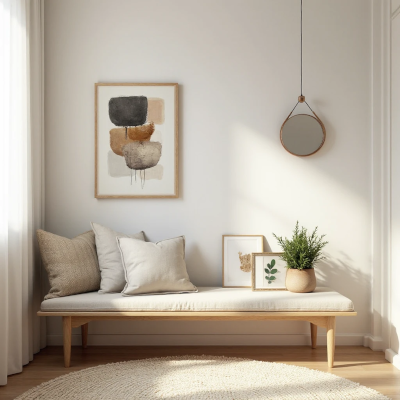 Canto decorado com banco de madeira clara estofado em bege, almofadas neutras, quadro abstrato em tons terrosos e espelho redondo pendurado na parede. Sobre o banco, pequenos quadros apoiados e vaso verde que completam a composição.