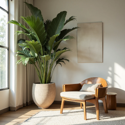 Canto aconchegante com poltrona de madeira e assento estofado em bege claro, ao lado de uma planta grande em vaso de cerâmica clara. Paredes neutras, luz natural entrando pela janela e quadro minimalista completam o ambiente.