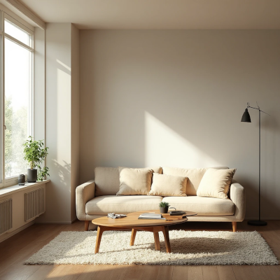 Sala de estar minimalista com sofá bege, mesa de centro em madeira clara e tapete neutro, mas com um canto totalmente vazio, transmitindo sensação de incompletude e quebra da harmonia visual.