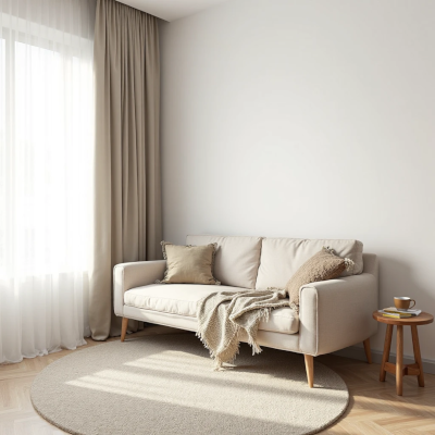 Sala com sofá claro, manta em tom terroso e mesa lateral discreta, mas com um canto vazio ao lado do sofá, evidenciando um espaço esquecido que quebra a continuidade visual do ambiente.