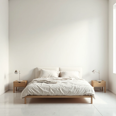 Quarto minimalista sem cabeceira, com cama de madeira clara, roupa de cama bege e criados-mudos simples, transmitindo sensação de vazio na parede branca.