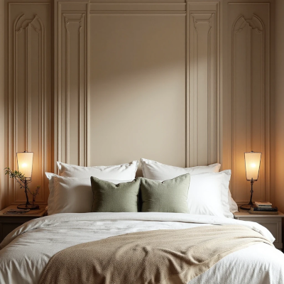 Quarto elegante com boiserie bege clara substituindo a cabeceira, cama com roupas neutras, almofadas verdes e iluminação suave com abajures, integrando estilo clássico e acolhedor.