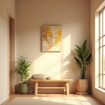 Hall pequeno decorado com banco de madeira, plantas em vasos de fibra natural e quadro colorido na parede, criando atmosfera aconchegante e iluminada.