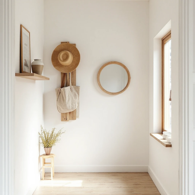 Hall minimalista e acolhedor, com paredes em tom bege claro que refletem a luz natural da janela ampla. Um quadro retangular em tons terrosos e textura sutil é o destaque central da parede, funcionando como ponto focal. A cena é completada por uma mesa lateral pequena em madeira clara, com vaso de planta verde e porta-retrato apoiado, além de chapéus pendurados de forma delicada em um gancho discreto. O ambiente transmite sensação de espaço ampliado, luz e frescor.