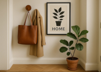 Hall de entrada pequeno decorado com cabide de parede em madeira, bolsa de couro marrom e casaco bege pendurados, quadro minimalista com ilustração de planta e vaso de planta em cerâmica no canto. Estilo acolhedor e funcional para entrada de casa.