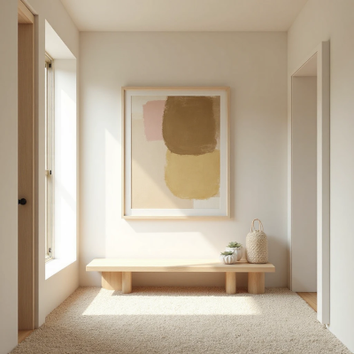 Hall de entrada minimalista com banco de madeira clara, quadro abstrato em tons terrosos e pequeno vaso decorativo, transmitindo sensação de acolhimento e simplicidade.