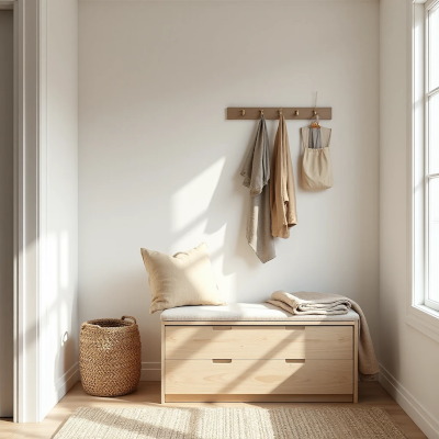Hall de entrada pequeno com atmosfera aconchegante, apresentando um banco de madeira clara com baú embutido, almofada neutra e manta dobrada sobre ele. Na parede, um cabideiro de madeira simples com ganchos que sustentam bolsas e casacos em tons naturais. Ao lado, um cesto de palha reforça o aspecto funcional e artesanal. A iluminação natural entra pela janela, criando sombras suaves e ressaltando a sensação de organização e acolhimento.