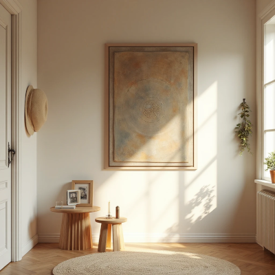 Hall pequeno iluminado pelo sol da tarde, decorado com paleta suave e elementos afetivos. Na parede, um grande quadro em moldura de madeira clara com pintura em tons terrosos e textura artística. Abaixo, duas mesinhas laterais de madeira arredondadas exibem velas, porta-retratos e pequenos objetos decorativos. Chapéu pendurado ao lado e planta suspensa trazem naturalidade. O tapete redondo de fibras naturais completa a cena, criando equilíbrio entre aconchego, identidade e charme.