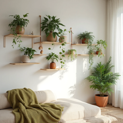 Sala aconchegante com sofá bege e manta verde, parede decorada com prateleiras de madeira cheias de plantas em vasos de cerâmica, transmitindo frescor e conexão com a natureza.