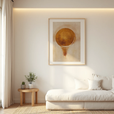 Parede de sala com quadro artístico de círculo dourado, iluminação indireta em LED e sofá neutro com almofadas claras, criando um ambiente minimalista e elegante.