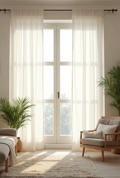 Sala iluminada por luz natural, com janelas amplas e cortinas de tecido leve, poltrona de madeira clara e plantas verdes ao redor, transmitindo sensação de leveza e bem-estar.