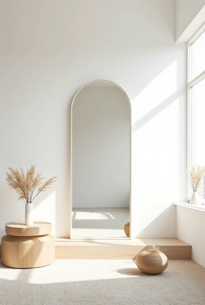 Ambiente minimalista com parede branca, espelho grande de moldura clara refletindo a luz da janela, vasos com folhagens secas e móveis de madeira clara, criando sensação de amplitude e serenidade.