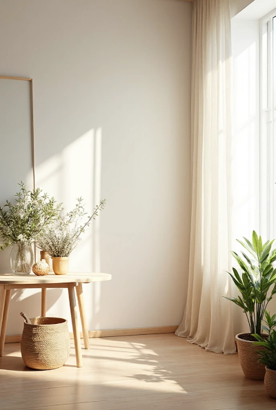 Canto iluminado por luz suave, cortinas claras esvoaçantes, mesa de madeira com vasos de plantas e cesta de fibras naturais, atmosfera calma e arejada que inspira leveza e presença.