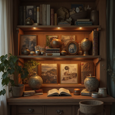 Estante de madeira com livros antigos, fotografias em porta-retratos, objetos artesanais e plantas, iluminada por luz suave que destaca memórias e histórias pessoais.