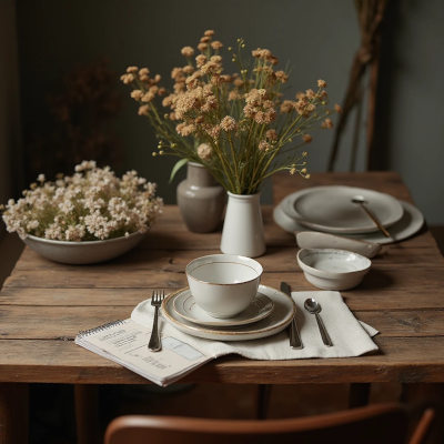 Mesa de madeira rústica arrumada com louça artesanal, flores secas em vasos simples e um caderno aberto, transmitindo atmosfera de aconchego e encontros afetivos.