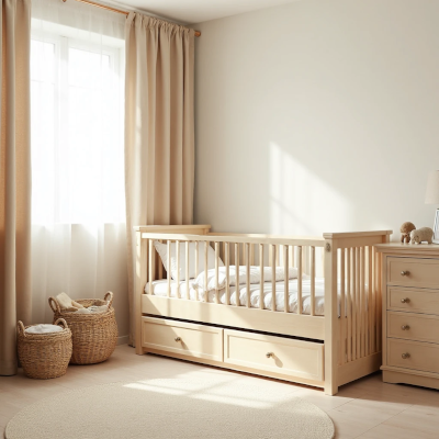 Quarto infantil clássico com berço de madeira clara e cômoda combinando, iluminação suave e cortinas bege, transmitindo acolhimento e elegância atemporal.