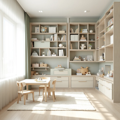 Espaço infantil contemporâneo com mesa baixa, cadeirinhas e estante modulada em tons neutros, mostrando organização funcional e design moderno para crianças.