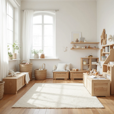 Quarto infantil escandinavo com luz natural abundante, móveis de madeira clara e elementos naturais, criando um ambiente minimalista e acolhedor que cresce com a criança.